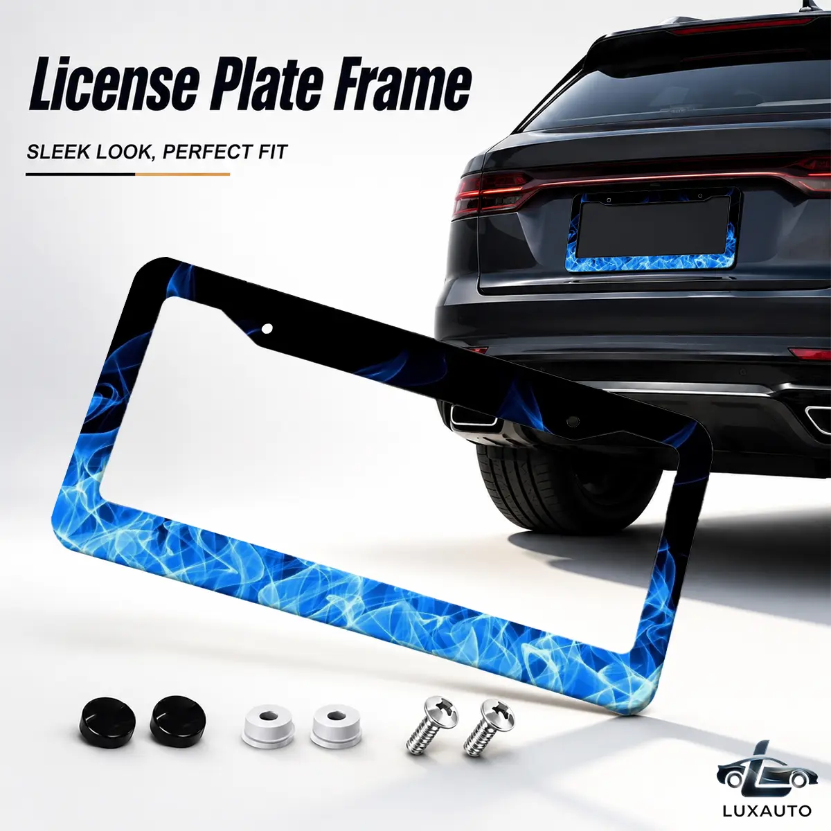 Automotive Blue Flame License Plate Frame - Aluminum Metal Car Accessories Holder, Rust-Resistant, Universal 12.2x6.3in, Includes Hardware, Compatible with Cars/SUVs/Trucks
