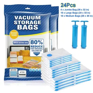 24Pcs Vacuum Storage Bags - 4 Jumbo, 10 Large, 10 Medium - Space Saver+Hand Pump