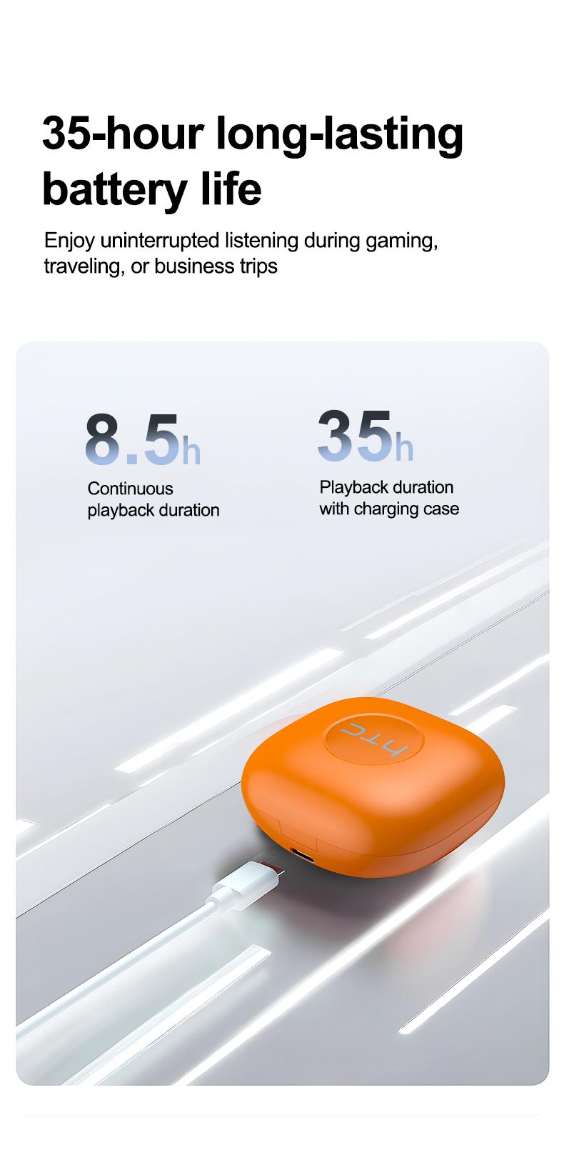 HTC NE63 True Wireless Earbuds Bluetooth 6.0 Earphones, 35 hours of battery life, HiFi Stereo, High Definition Calls, Waterproof Wireless Earphones, Suitable for Office, Sports, Study and Audio Calls, Built in Microphone, Gaming Bluetooth Headphones