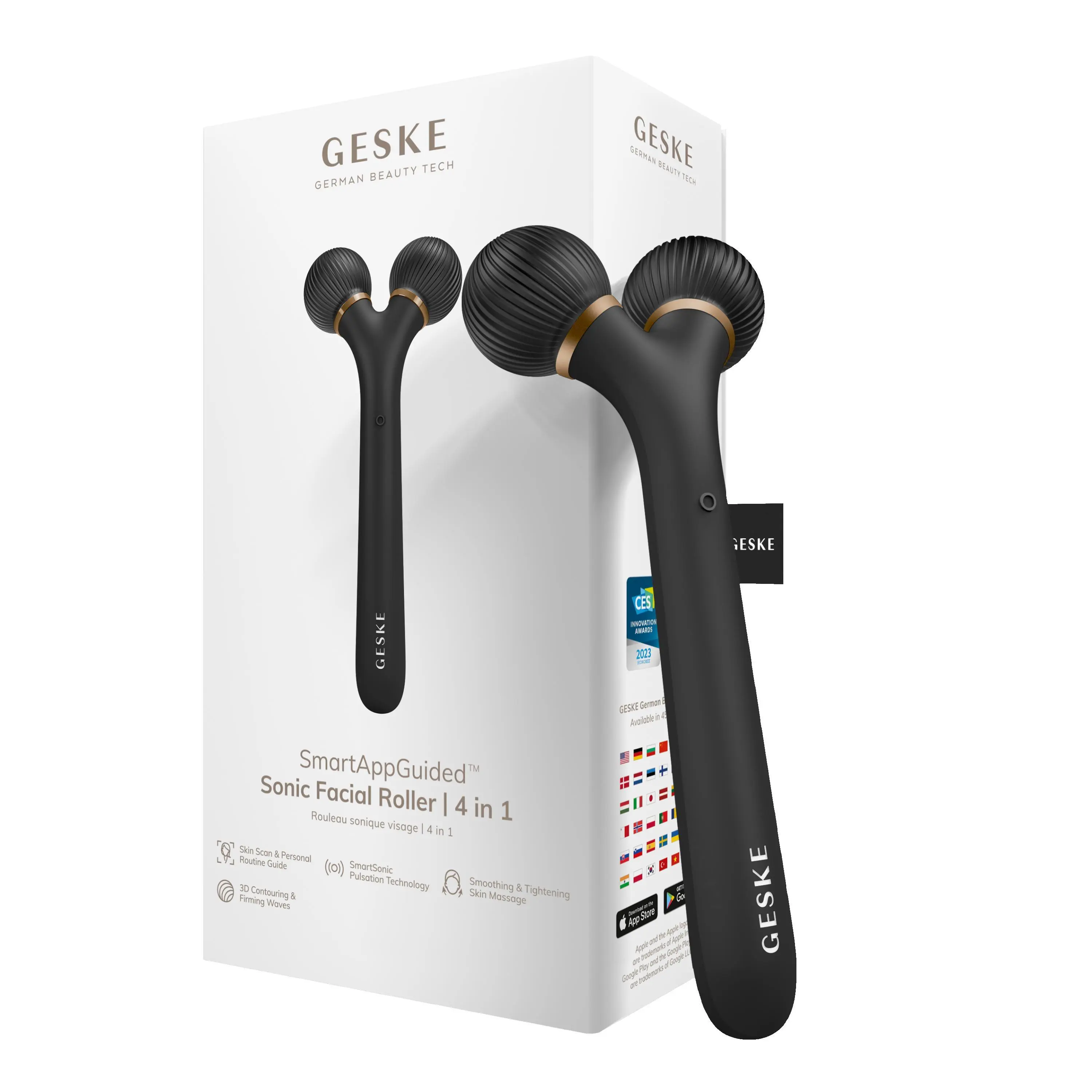 GESKE SmartAppGuided Sonic Facial Roller | 4 in 1 | Derma Roller | Facial Dermasmooth Stimulator | Derma Roll | Facial Roller for Skincare and Beauty Routine | Smooth Skin
