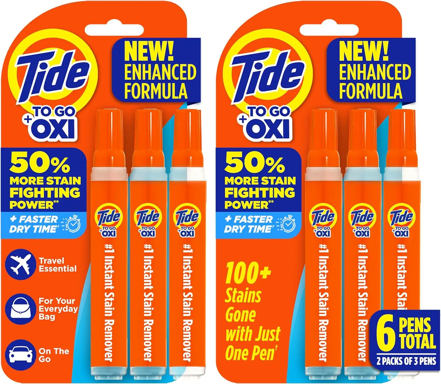 Tide Oxi Instant Remover Pen - Travel Size, Ultra Compact 3 Pieces (Pack of 2), Non-Bleach Stain Treater All-Purpose Cleaners, Quick Dry, Residue-Free, Portable Household Liquid Cleaner, Fits in Purses & Bags, Effective on Food & Drink Stains