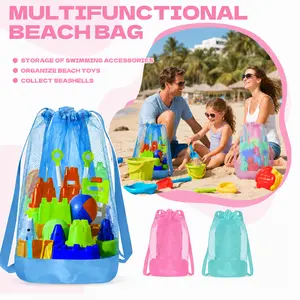 Beach Mesh Drawstring Bag, Large Capacity Toy Storage Backpack for Beach Toys, Swim Gear, Shells and Travel Accessories