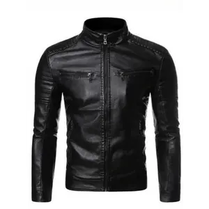 New 2025 Model Men's Solid Zip Up Mock Neck Faux Leather Jacket, Slim Casual Long Sleeve Outerwear for Fall & Winter, Men's Clothes for Daily Wear