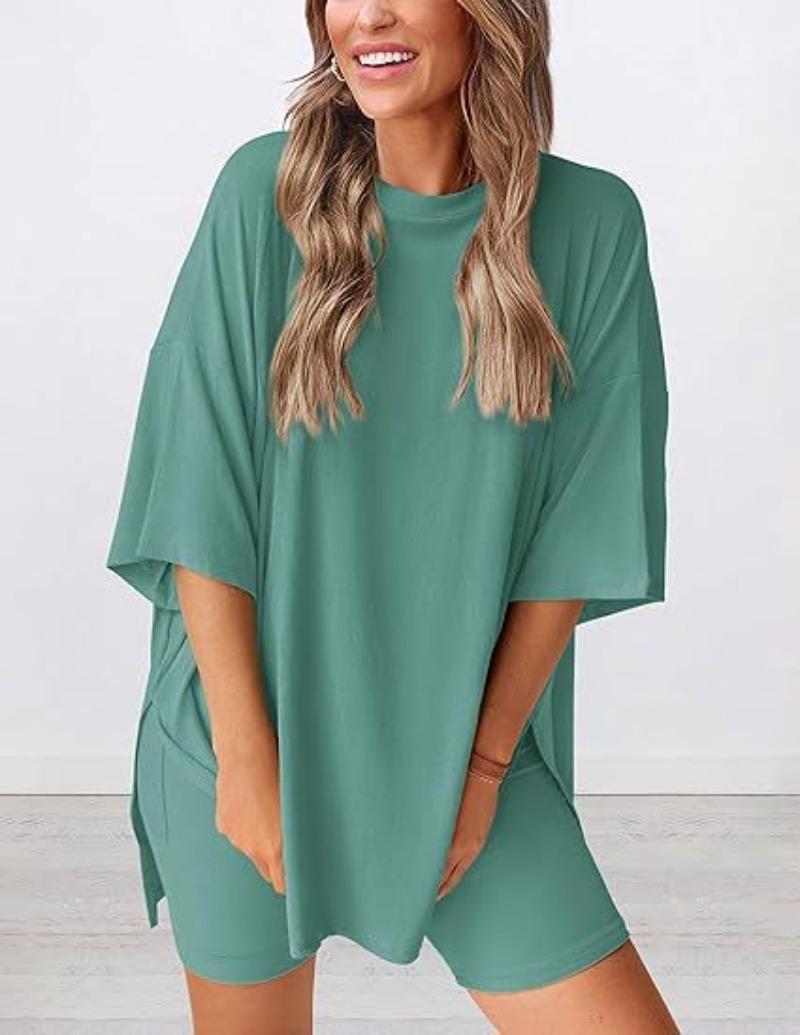 Crewneck Two-Piece Set For Women Summer Casual Oversized Split Hem Shirts & Side Pocket Biker Shorts Minimalist Lounge Wear Soft Viscose Fabric Comfy Homewear Cozy Pjs#Summervibes#SwimWeek