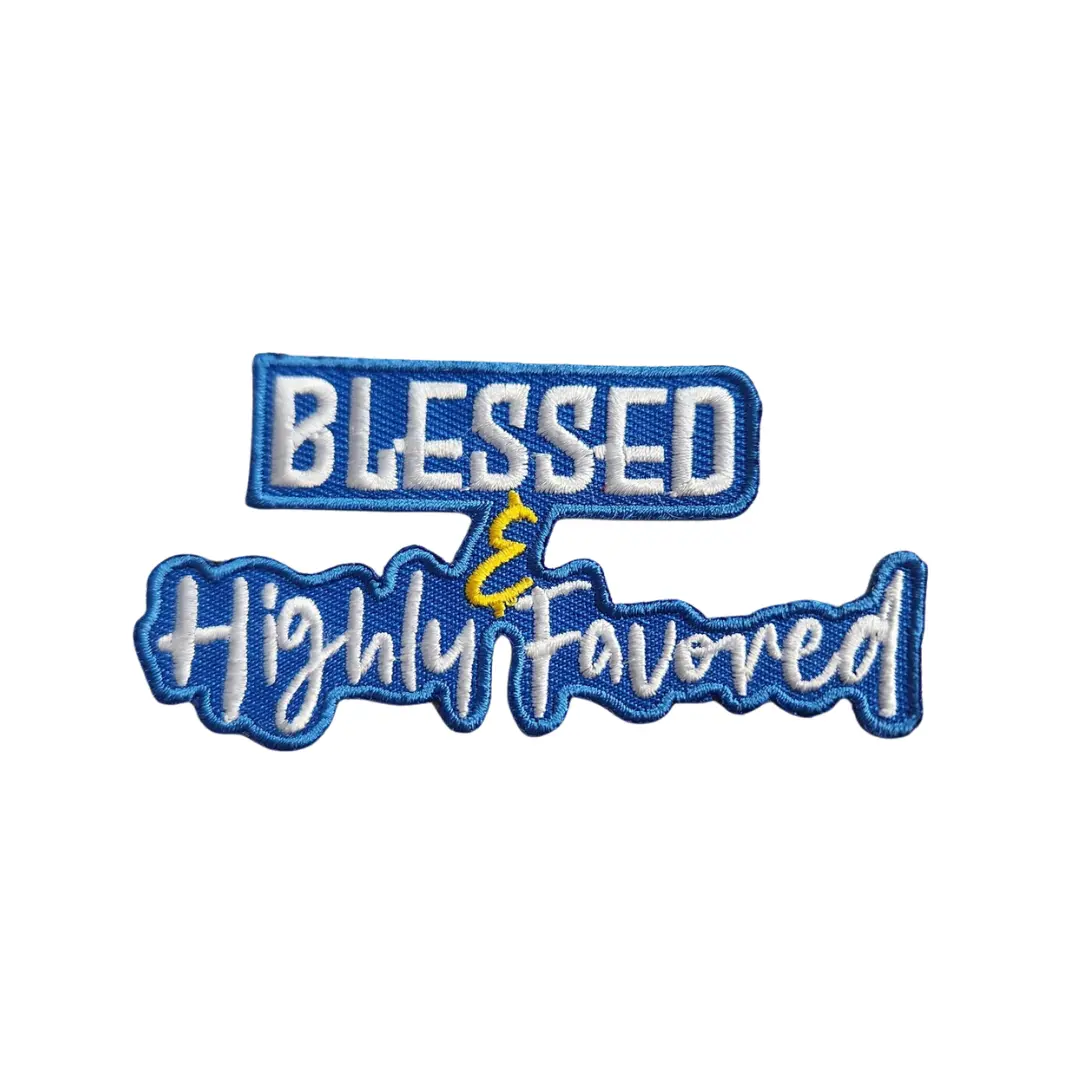 Patch Party Club, (1-pc) "Blessed & Highly Favored" BLUE & WHITE, Sz 3", Iron-on Embroidered Patch for Clothing, Trucker Hats, Backpacks, Shoes, DIY,, Crafts