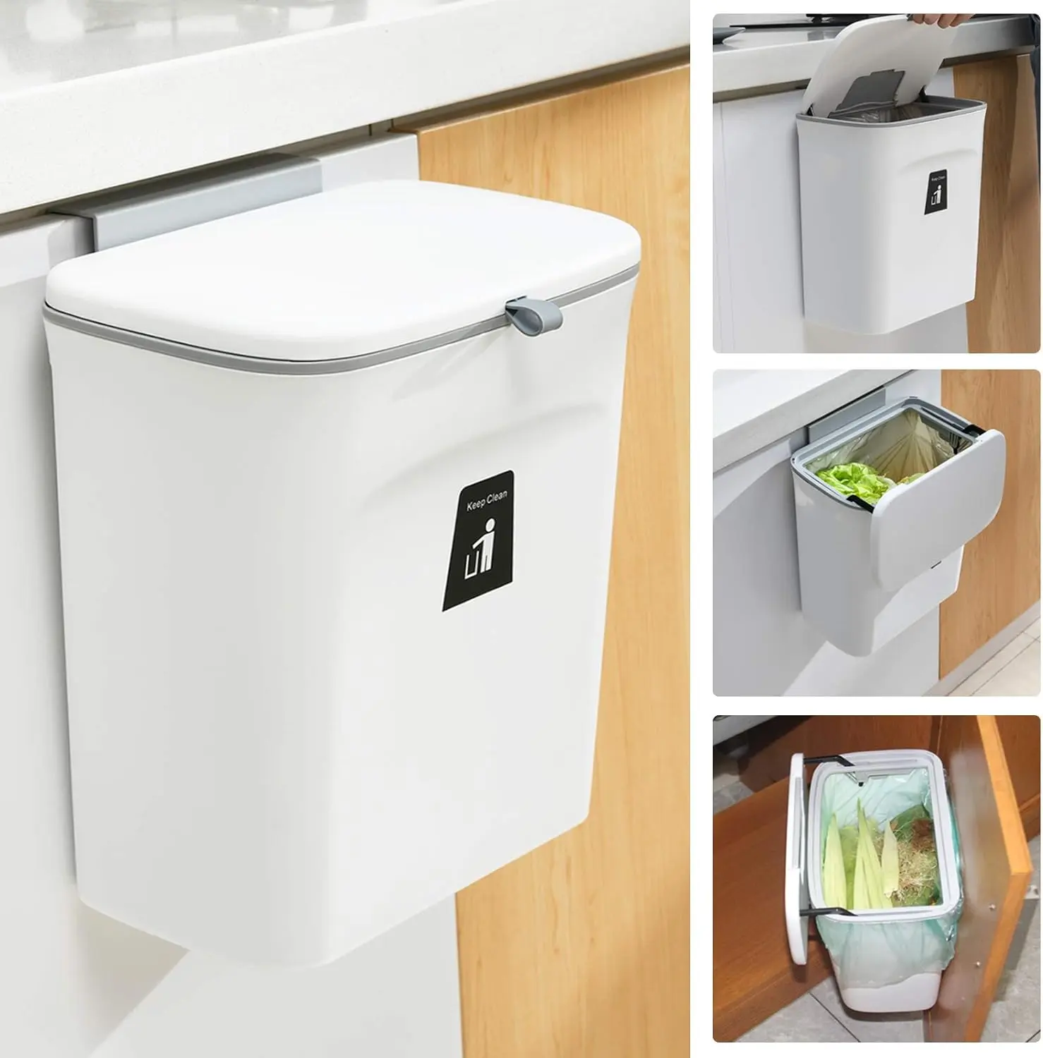 2.4 Gal White Kitchen Compost Bin - Mountable Hanging Trash Can with Lid for Countertop, Under Sink, Camping