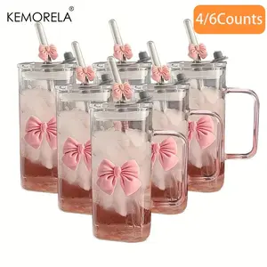 Cute Bow Design Glass Cup, 1/2/4/6 Counts Reusable Heat-resistant Coffee & Milk Cup with Bow Decoration, Lid and Straw, Drinking Cup, Drinking Tumbler for Home Office, Kitchenware, Water Bottles