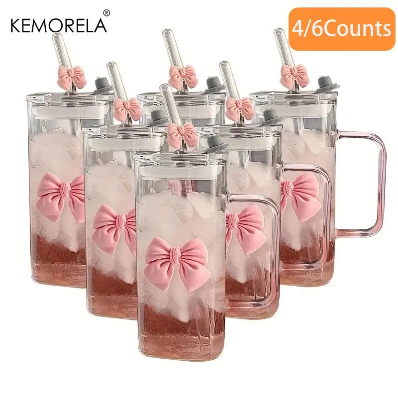 Cute Bow Design Glass Cup, 1/2/4/6 Counts Reusable Heat-resistant Coffee & Milk Cup with Bow Decoration, Lid and Straw, Drinking Cup, Drinking Tumbler for Home Office, Kitchenware, Drinkware, Water Bottles