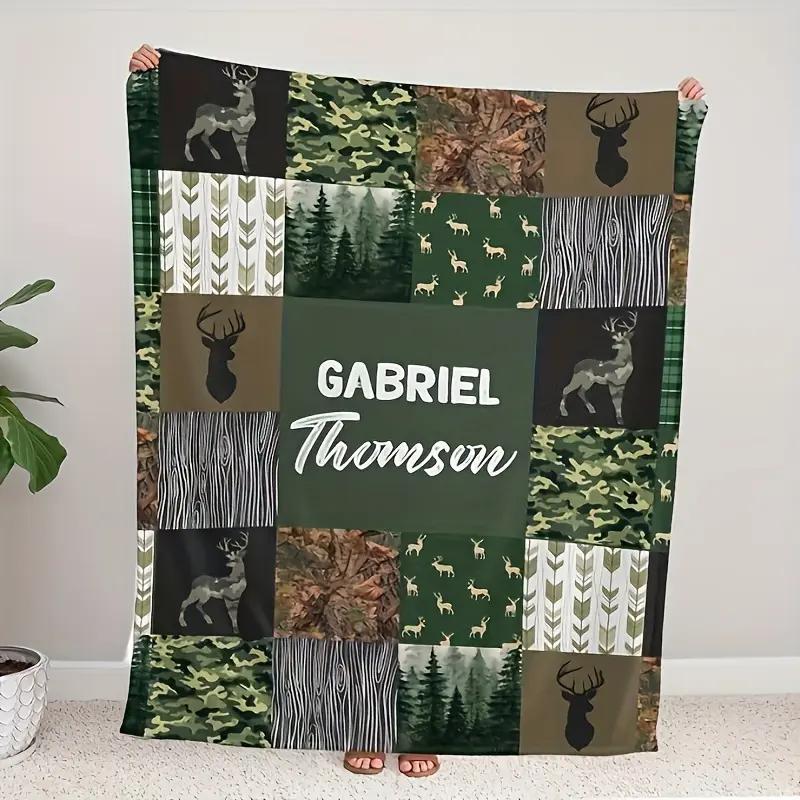 1PC Custom Name Deer & Forest Plush Body Blanket - Personalized Flannel Throw for Kids, All-Season Cozy Gift, Personalized Blankets, Flannel Blankets