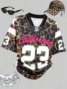 California 23 Women's Leopard Print Sporty Top Short Sleeves, Vintage Design, Geometric Elements, Street Style Casual Fashion, Athletic T Shirt, Perfect for Holidays, Athletic Tops, Casual Sportswear
