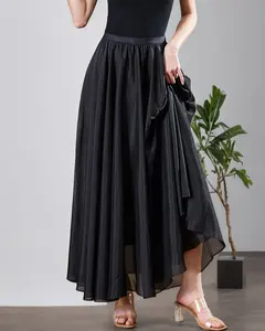 Women’s High-Waisted Pleated Organza Maxi Skirt — Flowy A-Line Long Skirt with Elastic Waist, Elegant Look for Parties, Work, and Daily Outfits  LE-DQ023