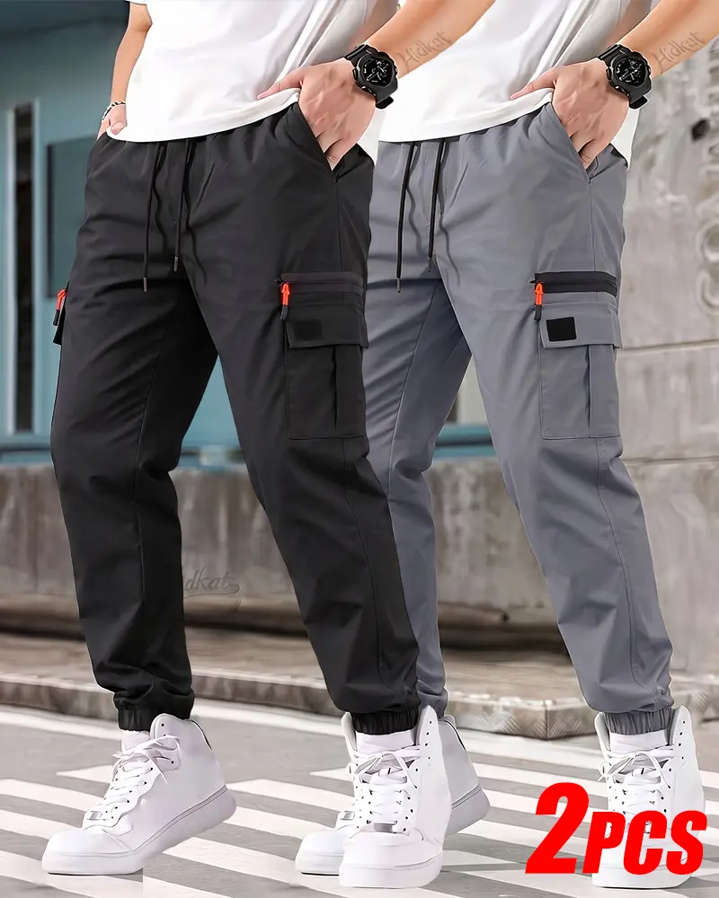 2-PCS Outdoor Jogger Cargo Pants, All Elastic Draw Waist, Zip Closure Side Cargo Pockets, Plain Elastic Cuff Travel Pants Bundle