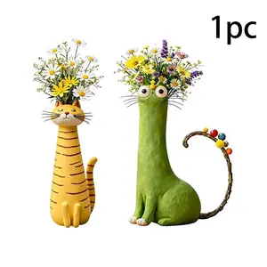 Handmade vintage Bohemian cat vase, suitable for home decoration, quirky cat shaped flower pot, resin flower pot for desk shelf decoration, unique gift for cat lovers, animal shaped vase for Bohemian room decoration