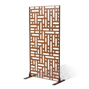 VEVOR Metal Privacy Screen,  47" W x 76" H, Outdoor Privacy Screens 3-Panel, Freestanding Outdoor Divider with Stand, Decorative Garden Steel Privacy Fence for Balcony Patio Indoor Room Hot Tub Brown