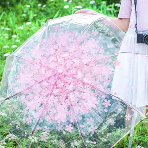 Foldable Umbrella, Rainproof Umbrella, 1 Count Transparent Flower Pattern Umbrella, Portable Automatic or Manual Retractable Umbrella for Women & Girls, Portable Folding Umbrella