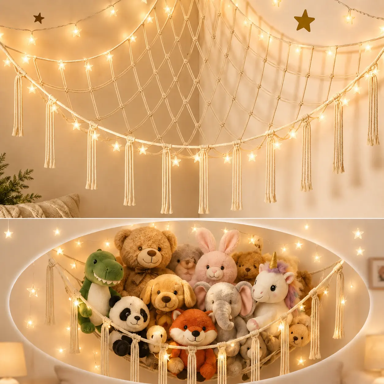 Bedroom & Playroom Stuffed Animal Storage Hammock, Toy Storage Organizer for Nursery Storage, Playroom Storage Net, LED Light String Included wall
