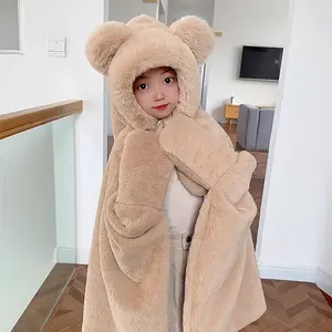 Cute Cartoon Cozy Plush Hooded Cloak Blanket, Shawl-Style Nap Blanket for Youth