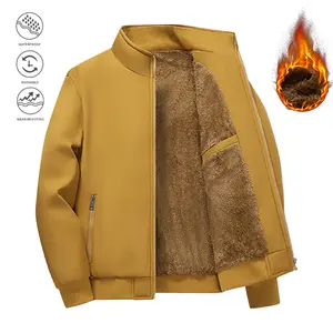 Winter fleece-lined jacket with thick furry lining, outdoor warm clothing, classic coat, stand collar zipper closure design, warm winter overcoat, cold weather apparel, ribbed cuffs and hem, excellent warmth, suitable for daily commute wear