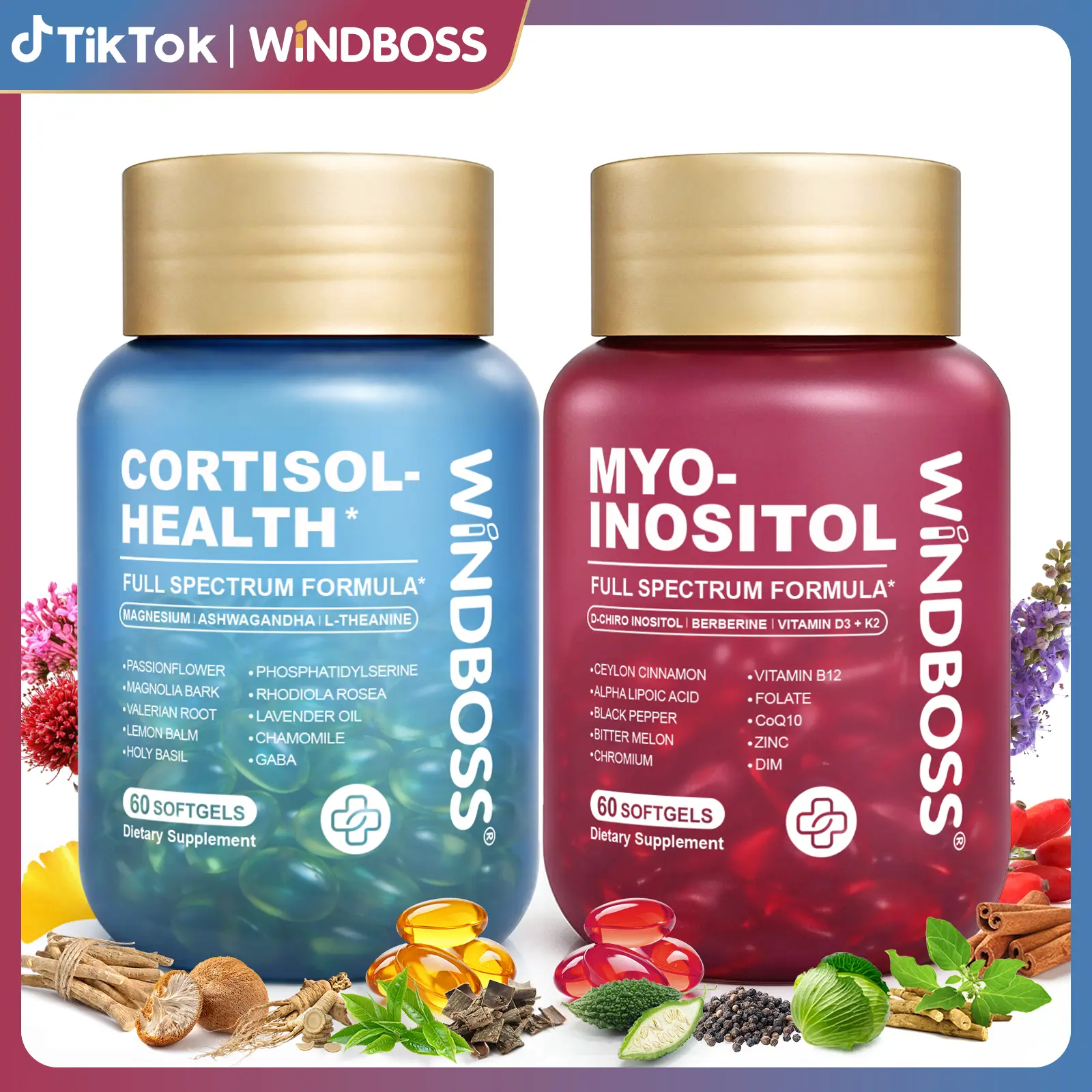 WindBoss Myo-Cortisol Pack | Cortisol Regulation and Myo-Inositol Support | All-in-One High-Absorption Softgel Formula | Daily Support with Magnesium, Myo-Inositol, KSM-66 Ashwagandha & L-Theanine | 2 Bottles, 120 Softgels