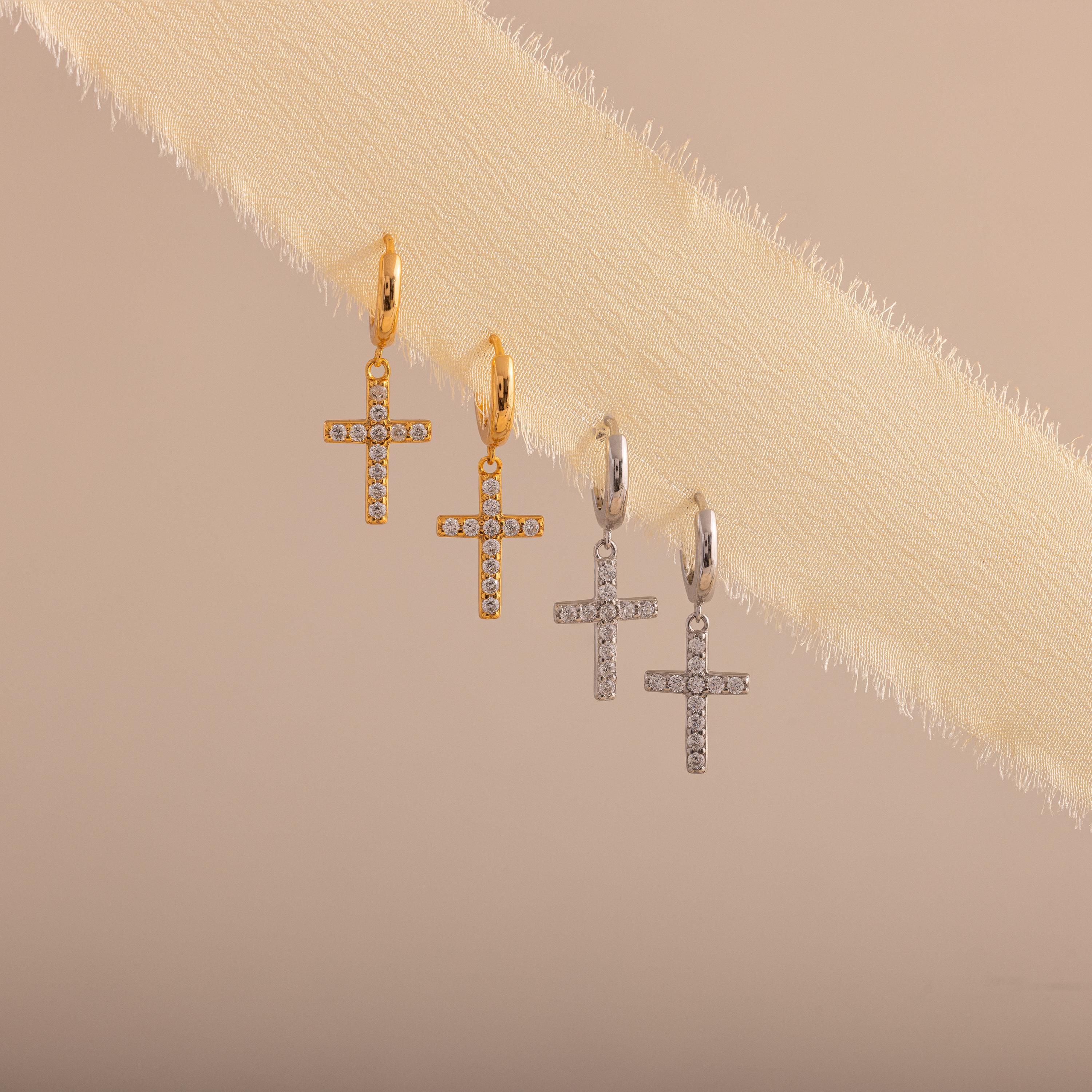 Pave Cross Hoops by Caitlyn Minimalist - Dainty Diamond Cross Earrings - Dangle Drop Huggie Earrings - Minimalist Jewelry - Gift for Her