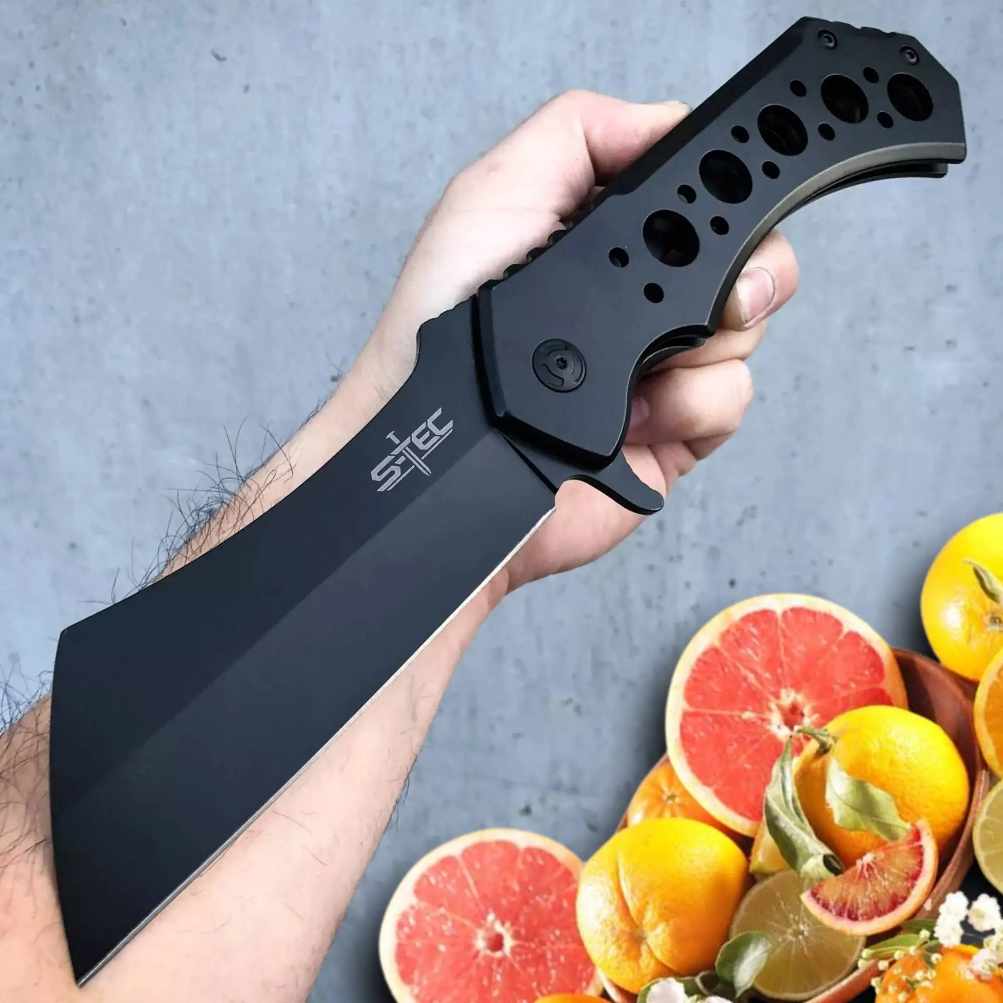 12" GIANT Black Razor Cleaver Spring Assist-Open Chef's Knife High Carbon Steel Blade