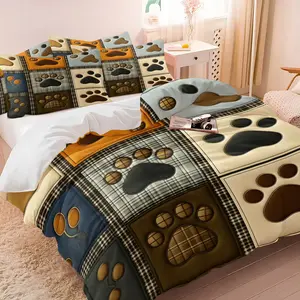 Vintage Patchwork Claw Print Duvet Cover Set and 1-2 Pillowcases, Retro Patchwork Blends Plaid, Solid Color & Different Paw Prints Pattern, Comfortable Soft Cute Healing Style for Bedroom Dorm Room Decor, Bedroom Bedding Set