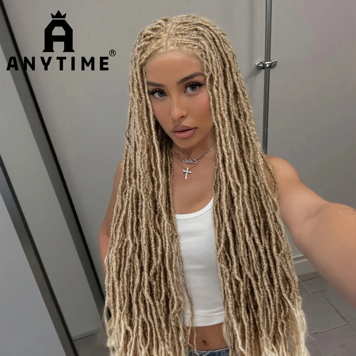 Anytime Hair Synthetic Material Wig - Handmade Long Braided Lace Front Wig with Gradient Gold Braiding Dreadlock, Faux Locs, Realistic Hairline, Soft Texture, 180% Volume, Synthetic Material Wigs