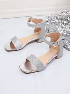 Girls' New Shiny Synthetic Sandals, PU Leather, Comfortable Durable, Soft Breathable, Square Toe, Chunky Heel, Strap, Fashion Shoes, Glitter Decorated Sandals