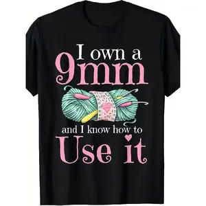 Funny Crochet Yarn Lover TShirt I Own a 9mm & Know How to Use It Graphic with Yarn & Hook Design Unisex Retro Crochet Enthusiast Gift 220gsm Heavyweight for Men & Women AllSeason Ca.jpg Fashion Boutique T-shirt Casual  Crewneck Top