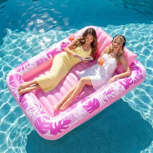 Inflatable tanning pool lounger float, extra-large adult pool floats with pillow, 4-in-1 sun tan tub raft floatie, sunbathing bed lounge, inflatable ball pit—party gifts, hot pink