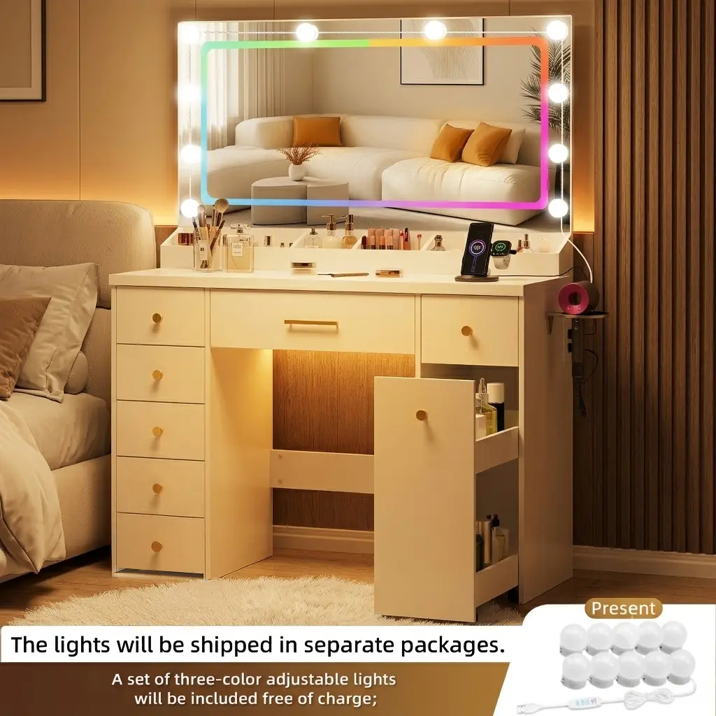 7-Drawer Brightly-Lit Makeup Vanity with Large Mirror, 3-Color LED Lighting, Hair Dryer Holder, Rolling 2-Tier Sliding Cabinet, Power Outlet - Portable Vanity for Bedroom Organization