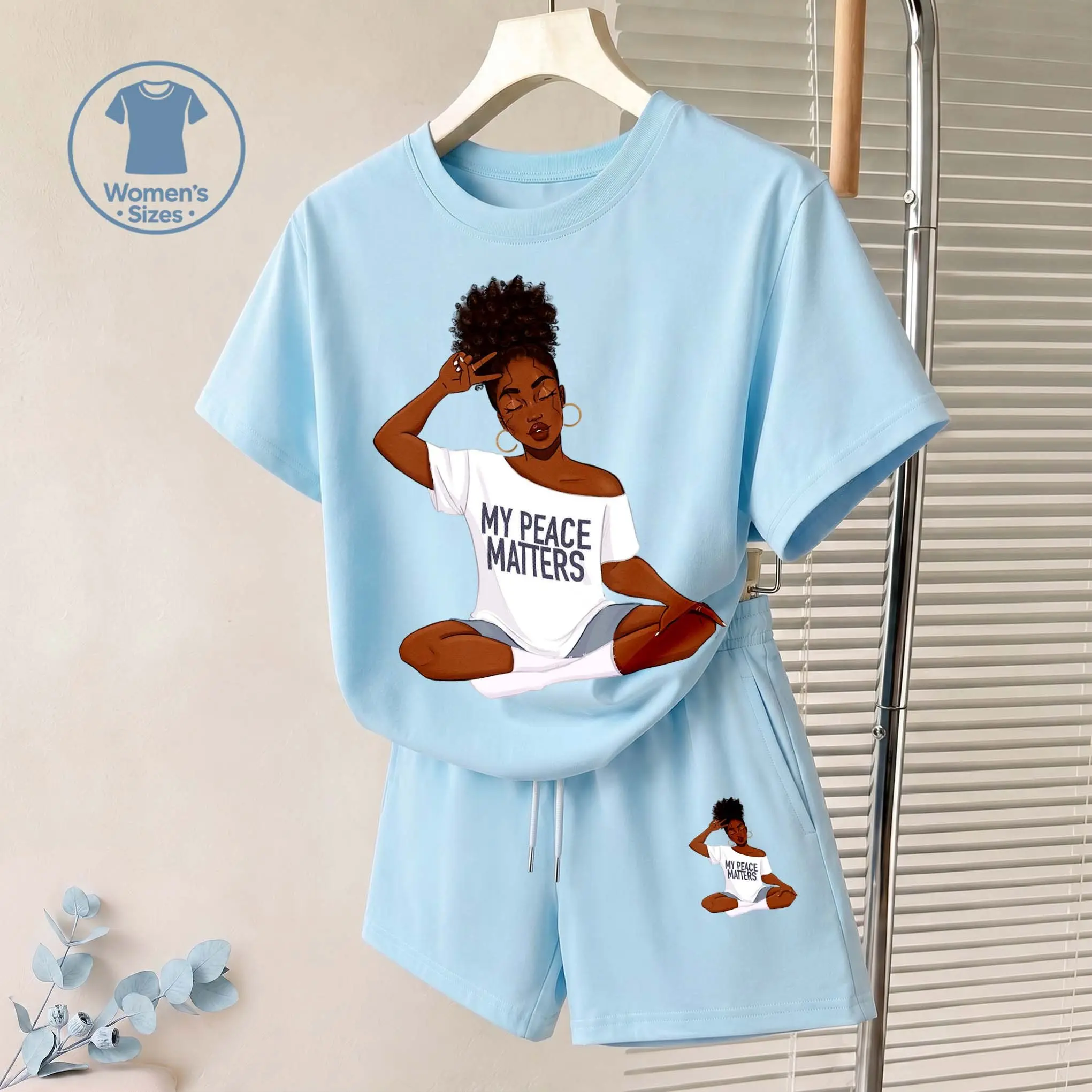 Women's My Peace Matters Graphic Short Sleeve T-Shirt And Shorts Set, Casual Summer Two-Piece Outfit With Crew Neck Top And Drawstring Waist Shorts For Daily Wear