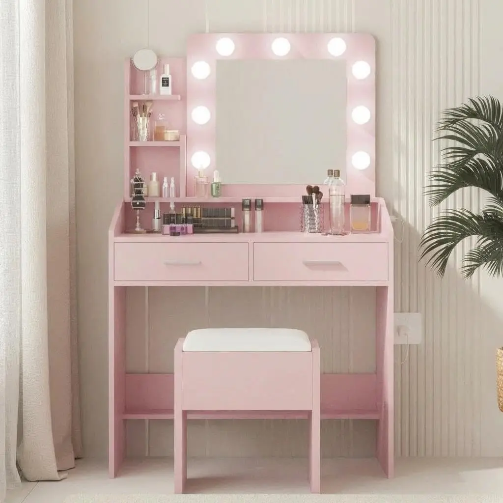 Garvee Modern Makeup Vanity Desk in Pink with Large Mirror, Dimmable LED Lights, 7 Drawers, Power Outlet, Cushioned Stool, and Hairdryer Holder for Stylish Organization