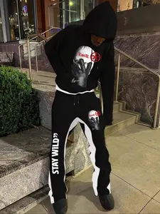 Men's Graphic Print Drop Shoulder Drawstring Hoodie & Drawstring Waist Flare Leg Sweatpants Two-piece Set, Regular Fit Fashion Casual Cozy Breathable Two Piece Outfits for Daily Outdoor Wear, Men Clothes for Fall & Winter