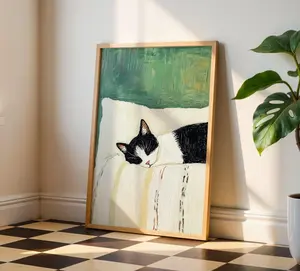 Sleeping Tuxedo Cat Print - Black and White Cat Artwork, Cat Painting, Cat Wall Art