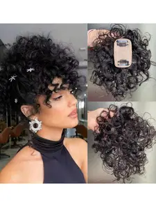 8 Inch Curly Hair Toppers for Women, Human Hair Clip in Hairpiece with Silk Base, Natural Dark, Thinning Hair
