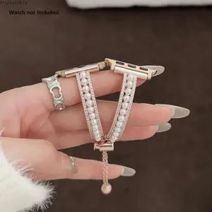 2026 Pearl & Rhinestone Apple Watch Band – Two-Tone Handmade Bracelet Strap for Women, Elegant Jewelry Style Watch Band Fits 38–42mm (Series 8–10 & SE), Durable Dressy Strap for Daily Wear