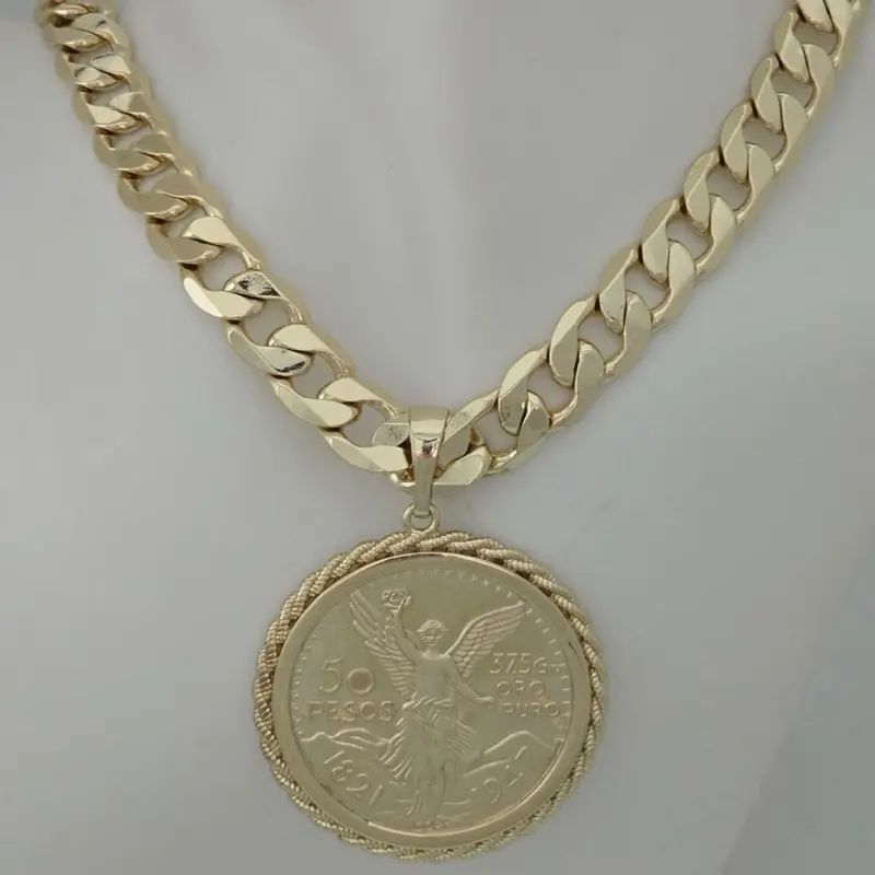 Yoan Jewelry Gold-Plated Decorative Shining Necklace for Adults-Male, 10mm Thick Gold Plated Chain (#226) with #117 Centenario Pendant, Non-Natural Crystal, Casual-Elegant Everyday Long Necklace, Decorative Necklace