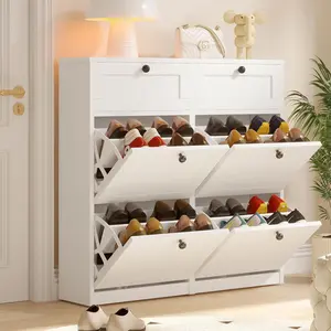 VOWNER Vertical Slim Wood & MDF Freestanding Shoe Rack Organizer - 4 Flip Drawers, 2 Drawers, Adjustable Shelves, Easy Setup, Large Capacity, Storage Organization for Entryway, Hallway