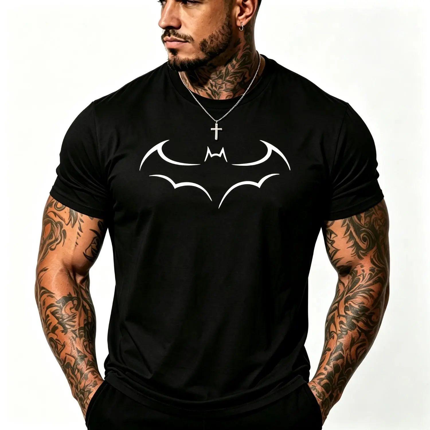 Large Size Mens Loose Cotton T-shirt Fashion Bat Print Short Sleeve Summer Casual T-shirt