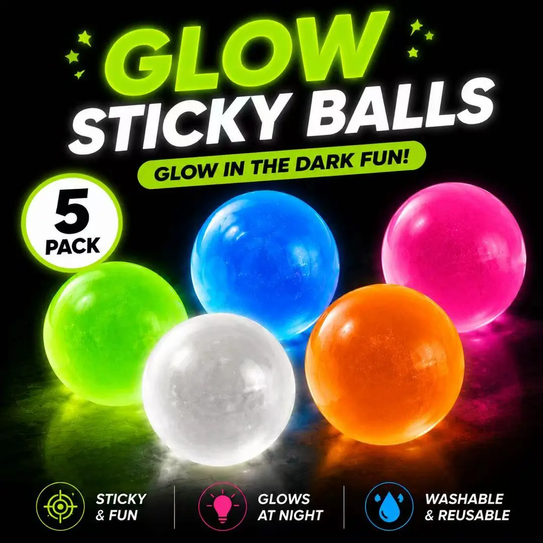 5-Pack Glow-in-the-Dark Sticky Balls, Unisex Indoor Sensory Fidget Toy, Reusable Stretchy Stress Relief Tools, Ceiling & Wall Decor for Kids’ Night Play