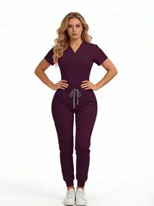 1 Set Women's Medical Scrubs Set, Anti-Pilling Breathable Multi-Pocket V-Neck Top & Side Pocket Jogger Pants for Hospital, Clinic & Spa Use, Unisex Workwear Uniforms