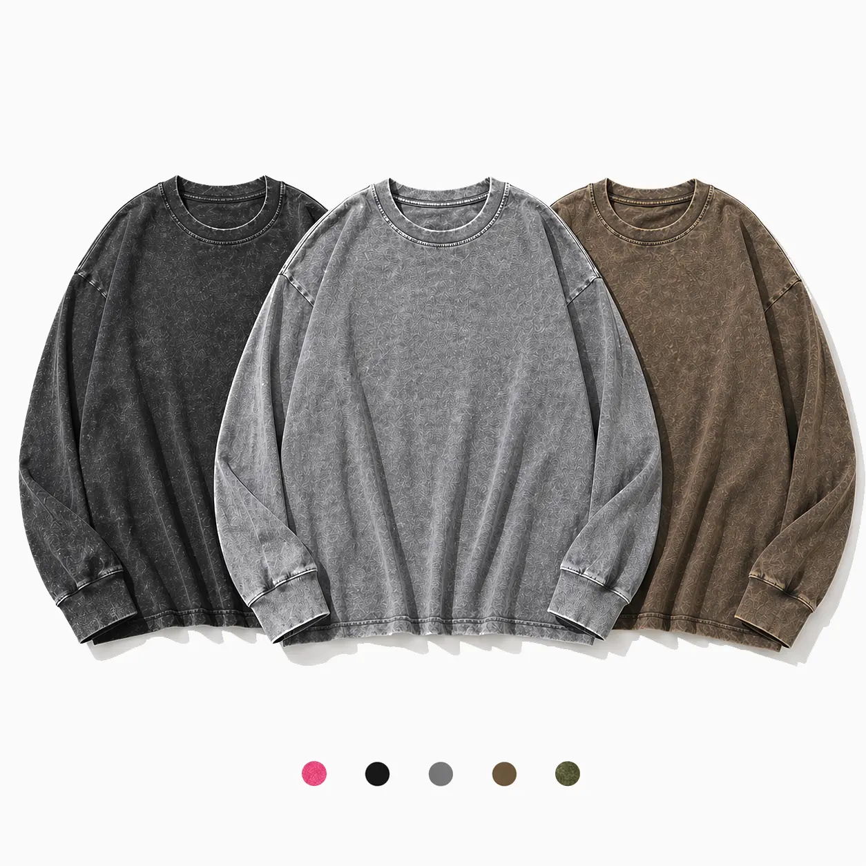 Panxu Men's Round Neck Long Sleeve Tshirt - Vintage Acid-Wash Distressed, Oversized Loose-Fit Soft Pure Cotton Top, Ideal for Casual T-Shirts & Hip-Hop Streetwear Layering