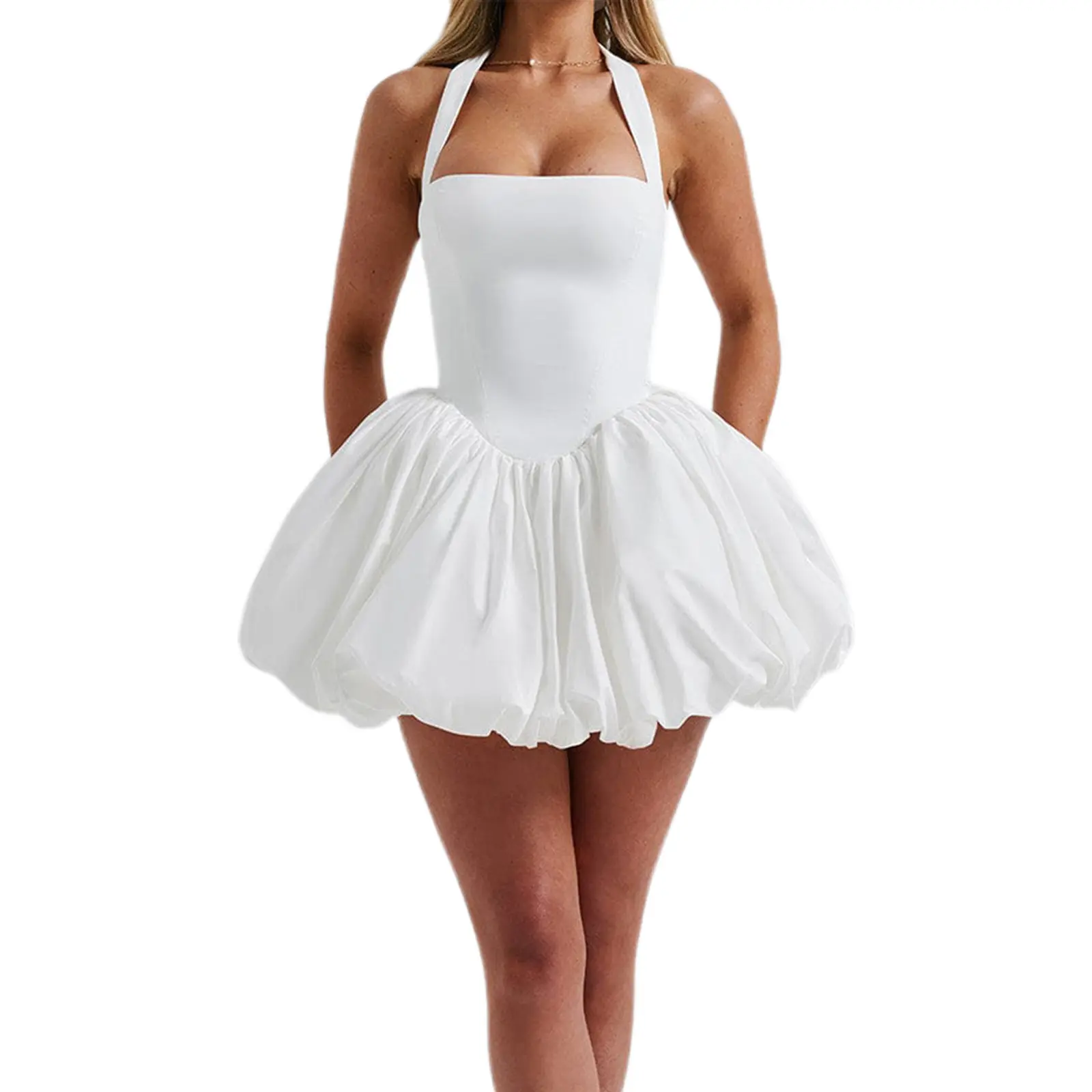 Women's Solid Polyester Sleeveless Halter Corset Bubble Dress - Tie-Up Backless Drawstring Summer Casual Dress for Cocktail, Birthday Events, Birthday Dresses
