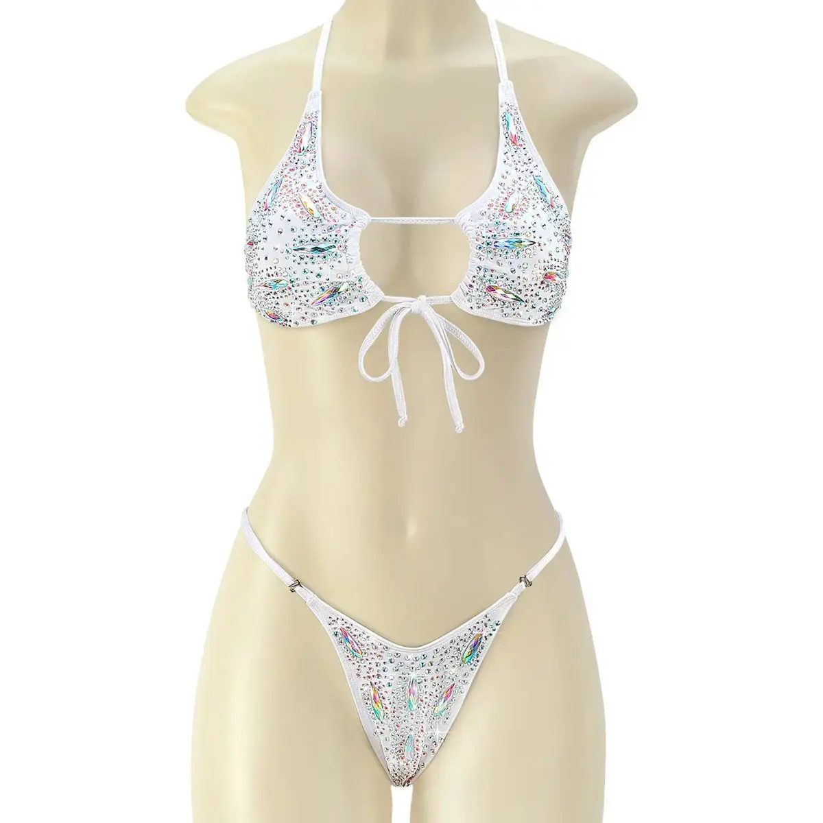 Pleaser Raven-07RS Women's Rhinestone Two-Piece Dance Set White