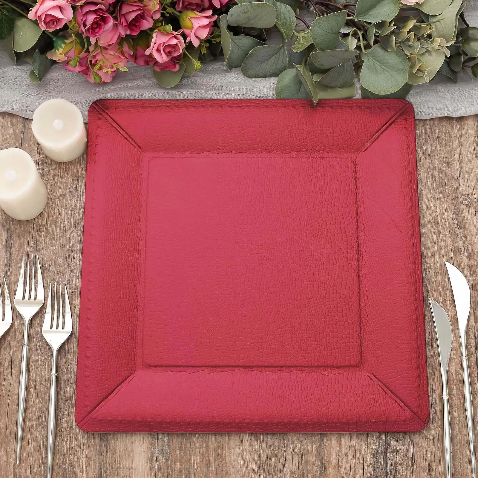 10-Pack Disposable Square Charger Plates - 13in Sturdy 1100GSM Burgundy Leather-Like Paper Charger Plates for Food Serving, Weddings, Campfire BBQ Party Supplies