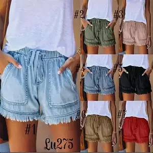 Women's Tassel High-Waisted Denim Shorts, Drawstring Elastic Waist, Loose Casual Plus-Size White Denim Shorts with Pockets