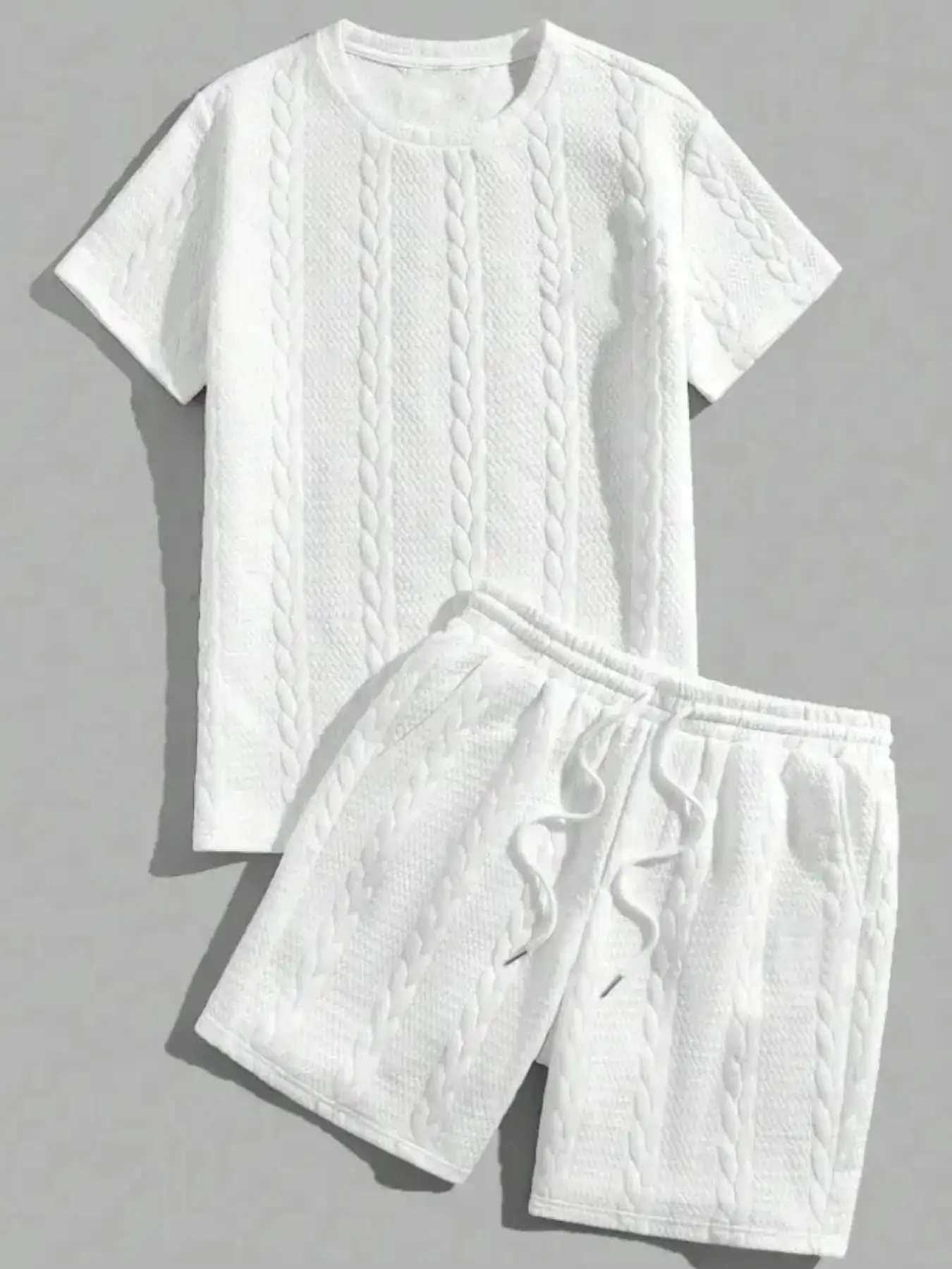 Men's Plain Textured co-ord Set, Casual Short Sleeve Tee & Drawstring Waist Shorts Set for Daily Wear, Lazy School Outfit, Menswear
