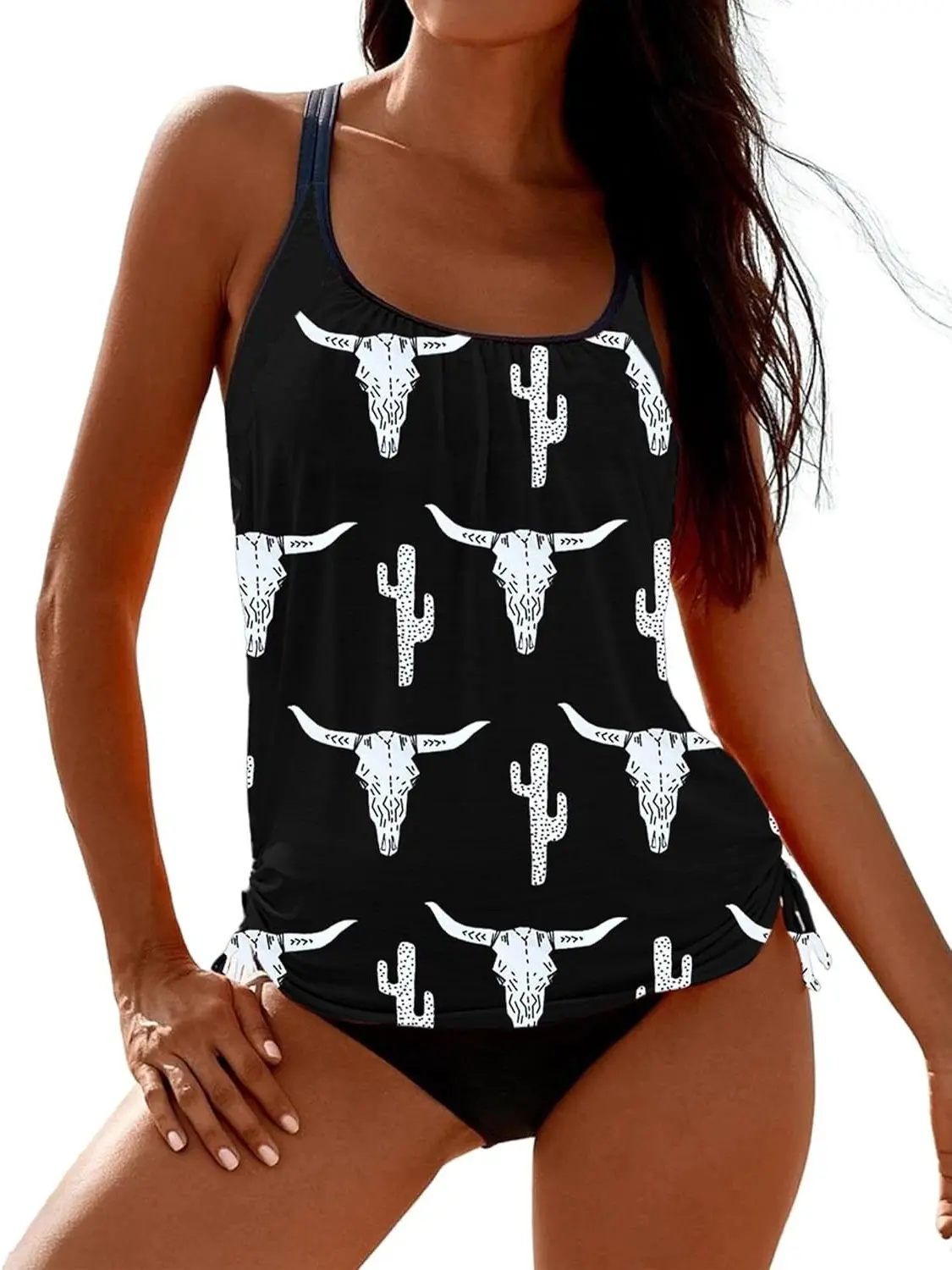 Women's 2-Piece Boho Ruched Tankini Swimsuit - Western Cow Head Animal Print Ruched Blouson Top with Adjustable Straps, Cowgirl Ethnic Print Swimwear Beach Outfits for Beach Vacations