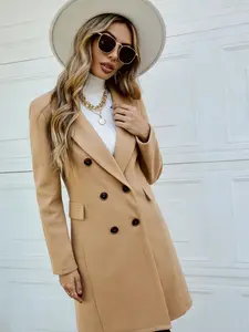 A women's camel-colored double-breasted Long Sleeve mid-length coat, Outerwear, with a suit collar, whose simple style is suitable for daily commuting, city shopping, and light business meetings, as well as refined casual or semi-formal occasions